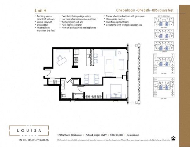 1 Bed 1 Bath (H) Floor Plan 1 Bed 1 Bath (H) Floor Plan at The Louisa Apartments in Portland, Oregon